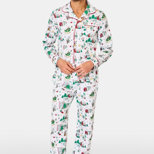 Mens Snow Village Long Sleeve Polo Pajamas