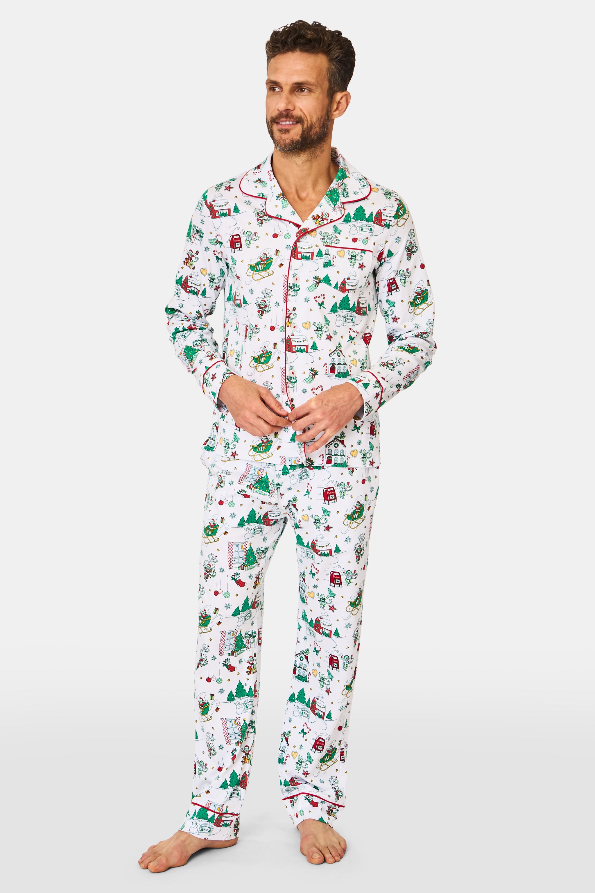 Mens Snow Village Long Sleeve Polo Pajamas