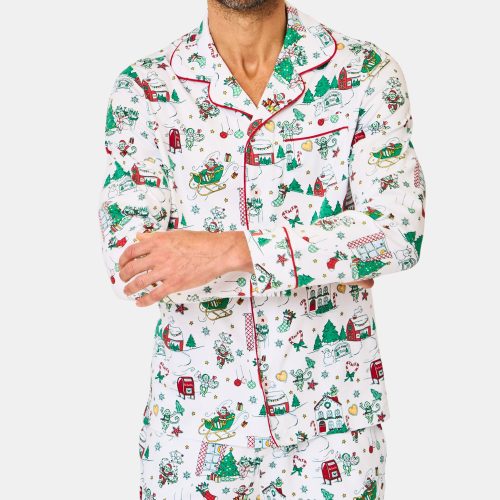 Mens Snow Village Long Sleeve Polo Pajamas