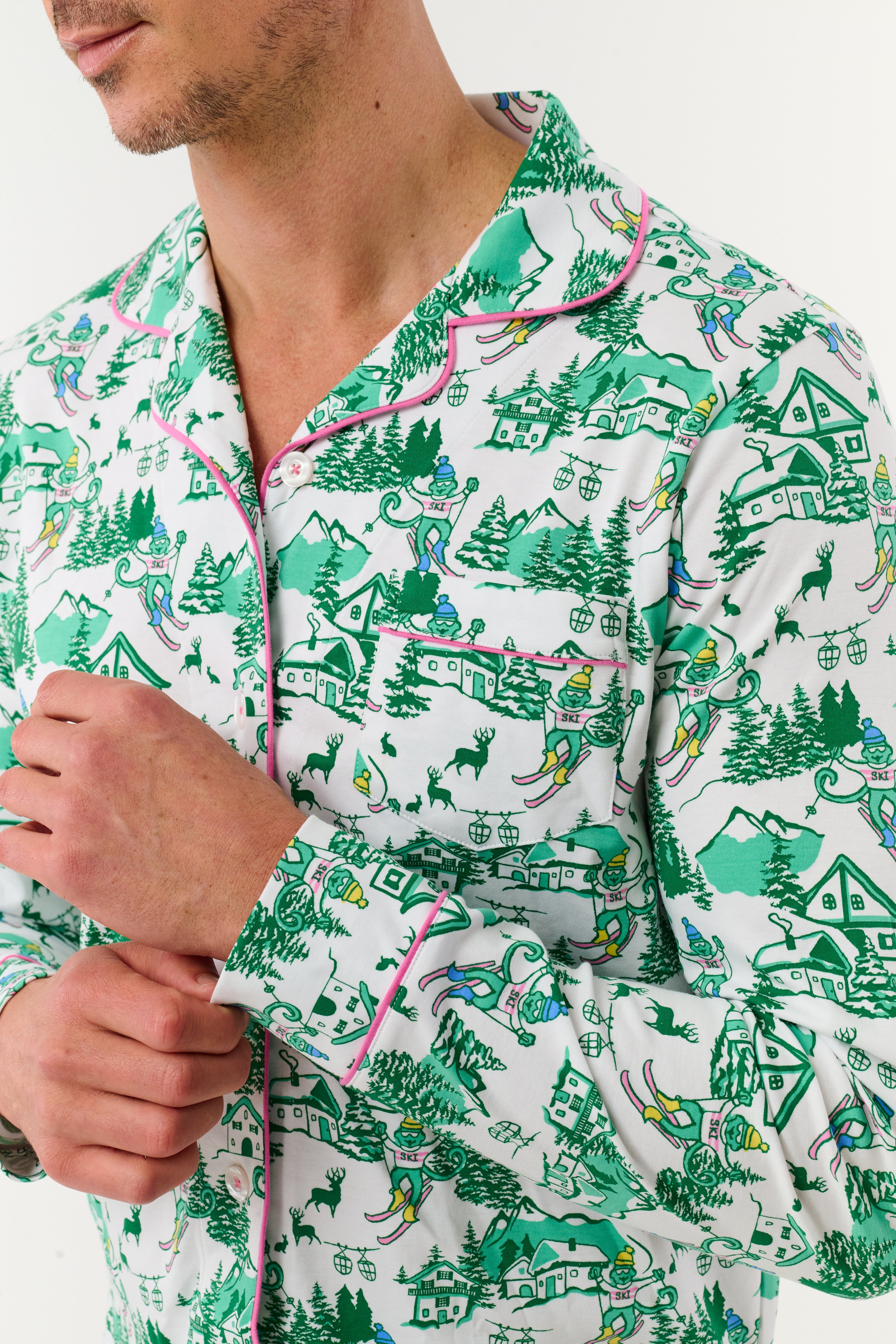 Mens Ski Toile Long Sleeve Polo Pajamas